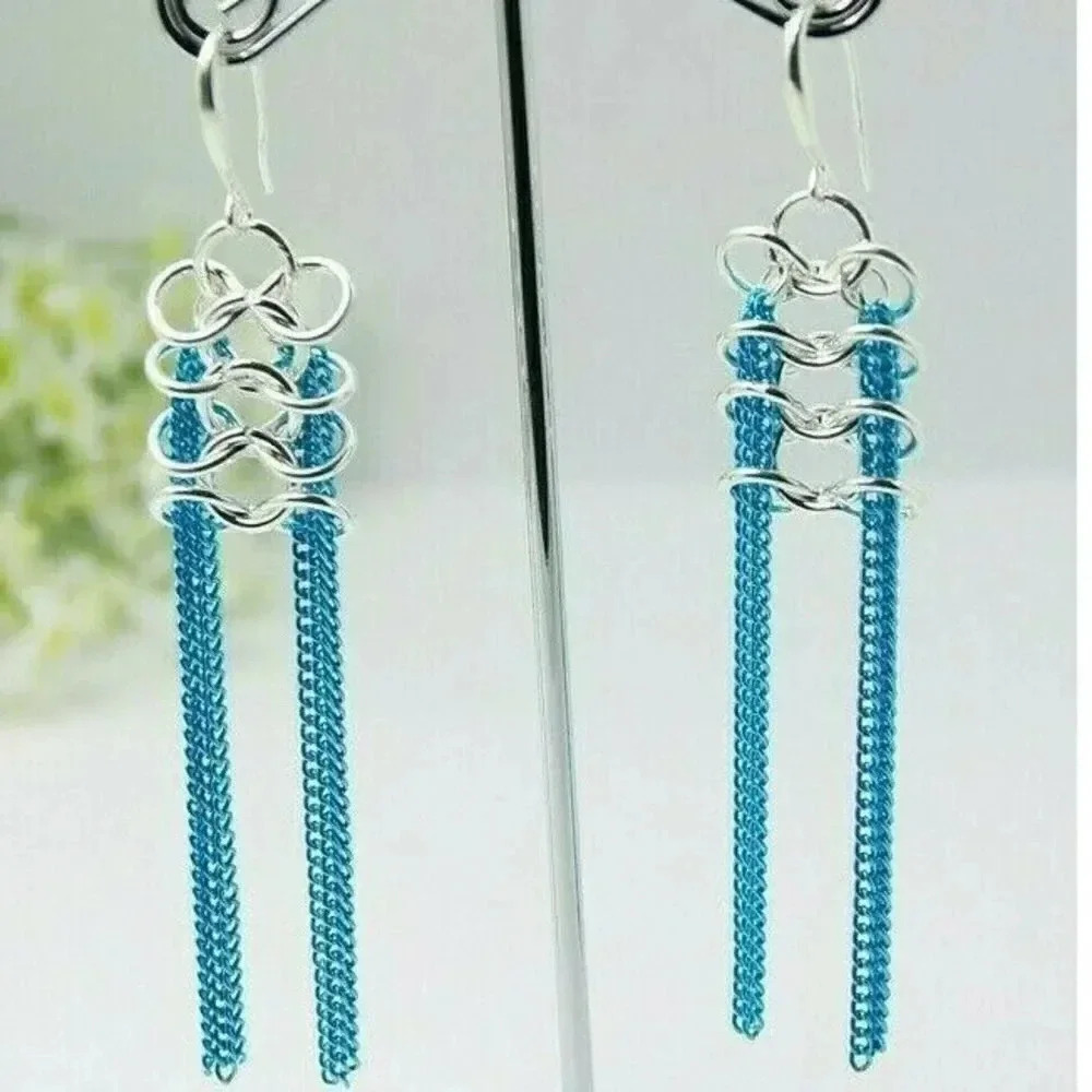 Hand Crafted Long Shoulder Duster Metal Chain Earrings Silver Turquoise Blue